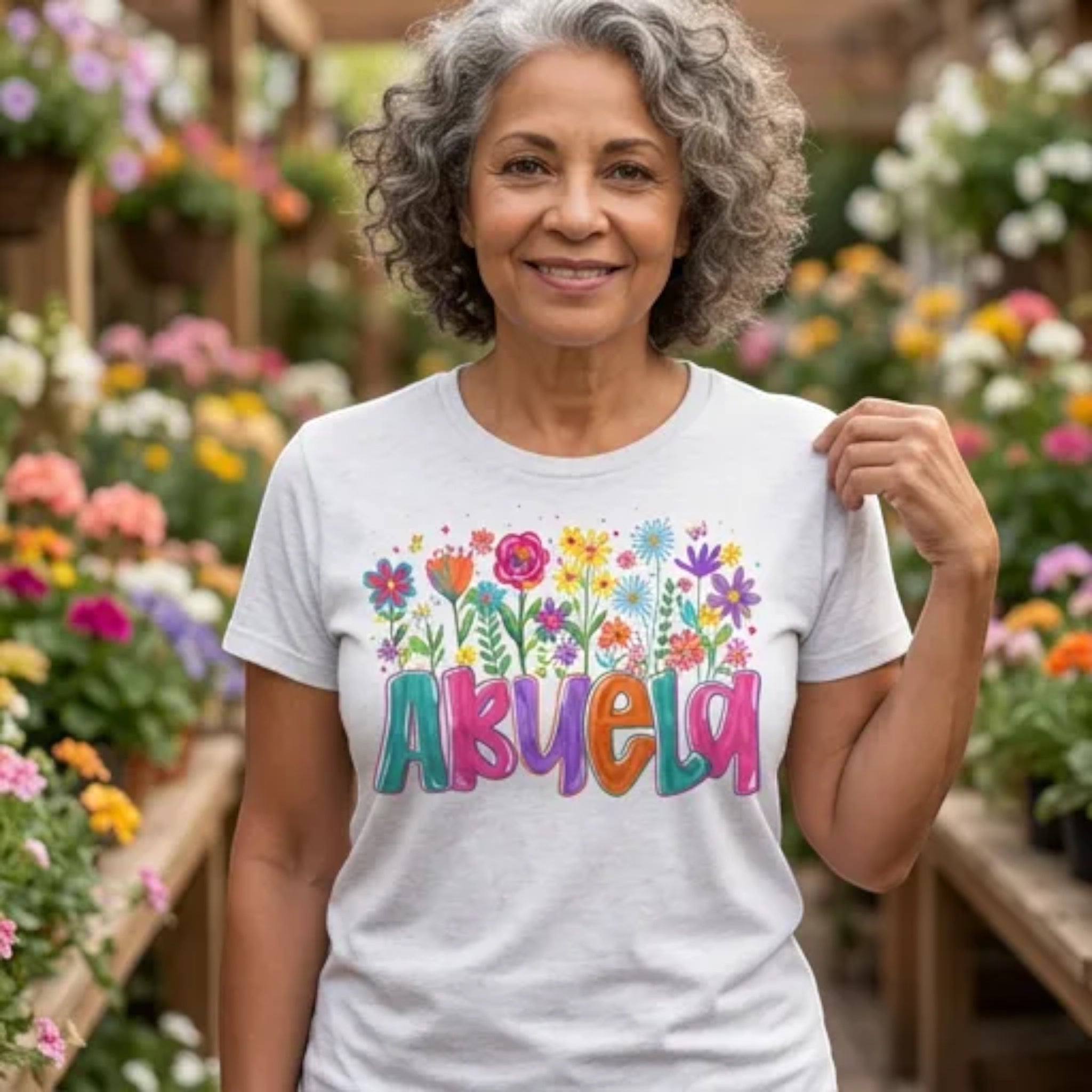 The Beauty Closet cream cotton t-shirt with Abuela floral graphic print worn by a smiling woman in a greenhouse