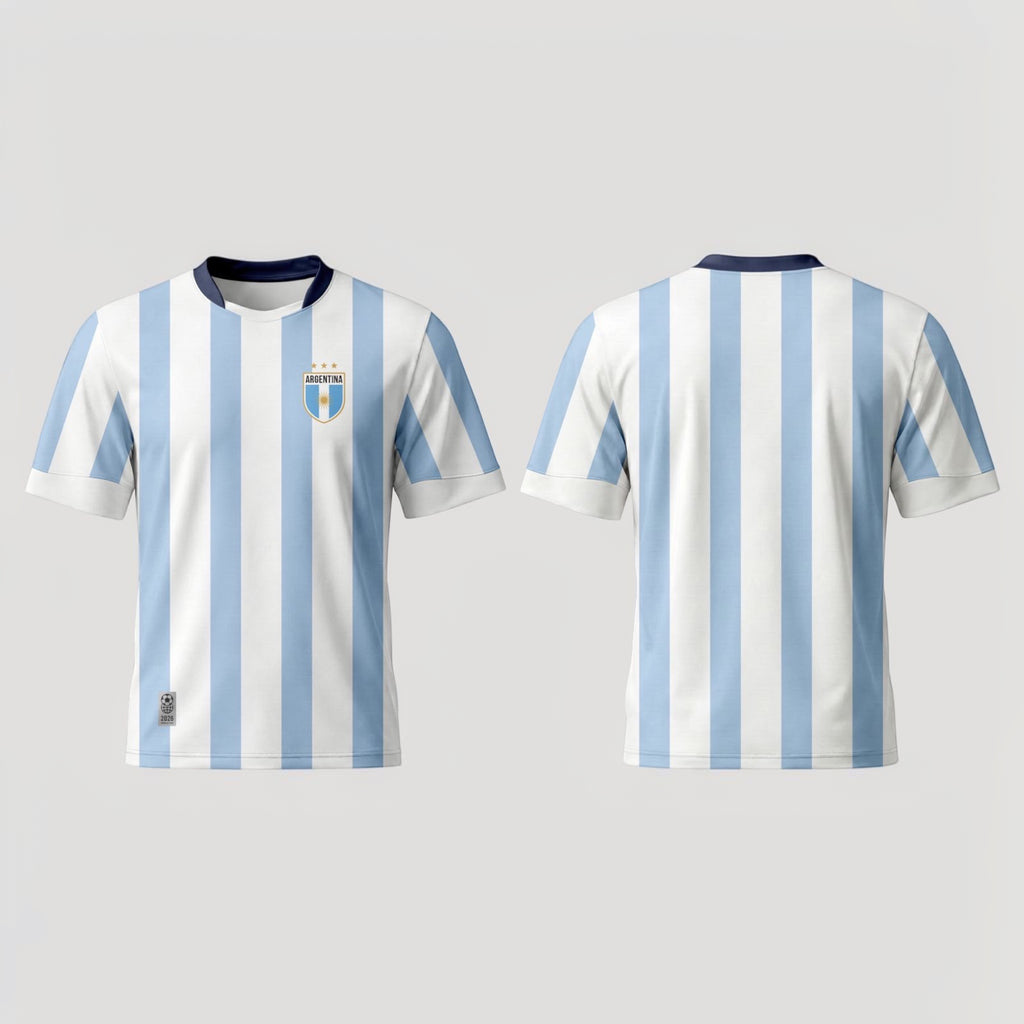 The Beauty Closet white and light blue striped soccer jersey with Argentina crest and navy collar.