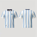 The Beauty Closet white and light blue striped soccer jersey with Argentina crest and navy collar.
