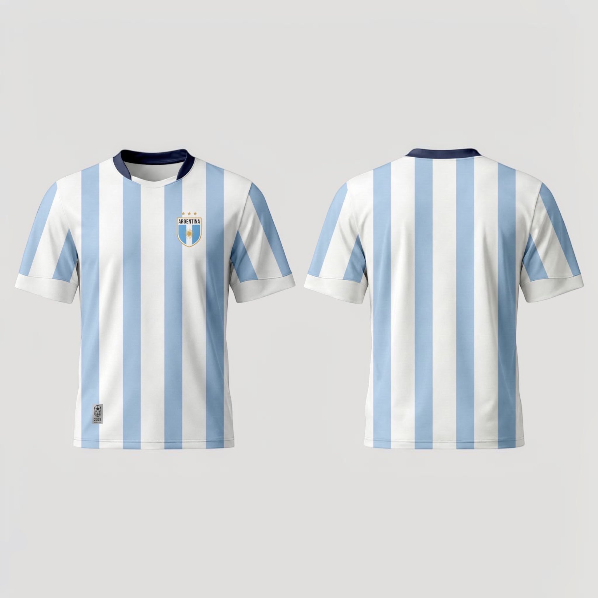 The Beauty Closet white and light blue striped soccer jersey with Argentina crest and navy collar.
