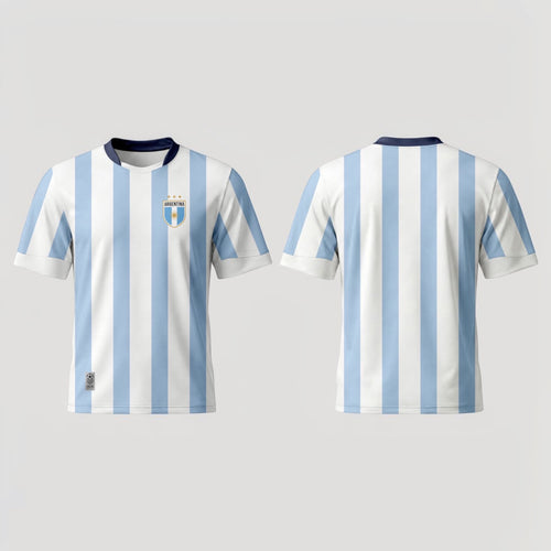The Beauty Closet white and light blue striped soccer jersey with Argentina crest and navy collar.