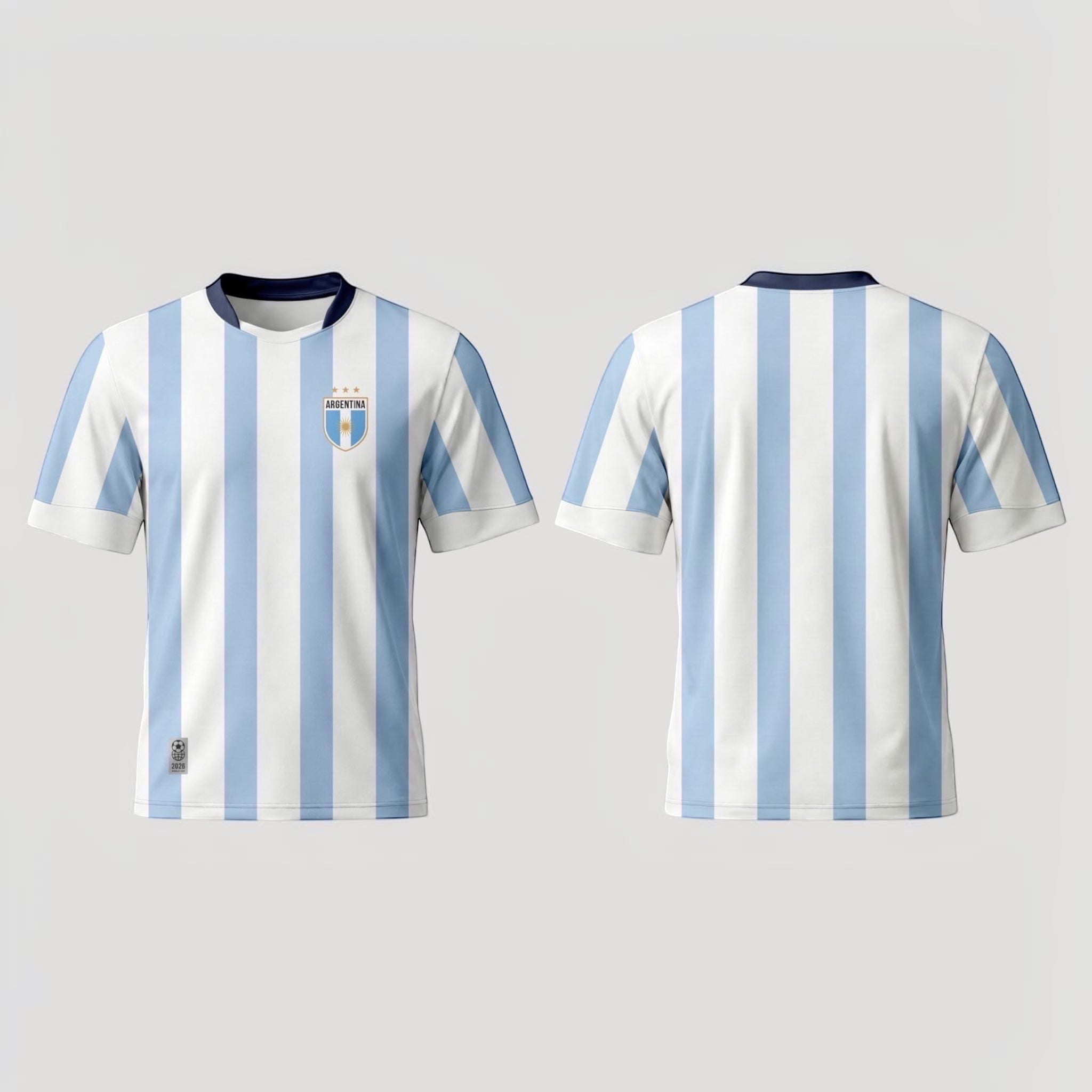 The Beauty Closet white and light blue striped soccer jersey with Argentina crest and navy collar.