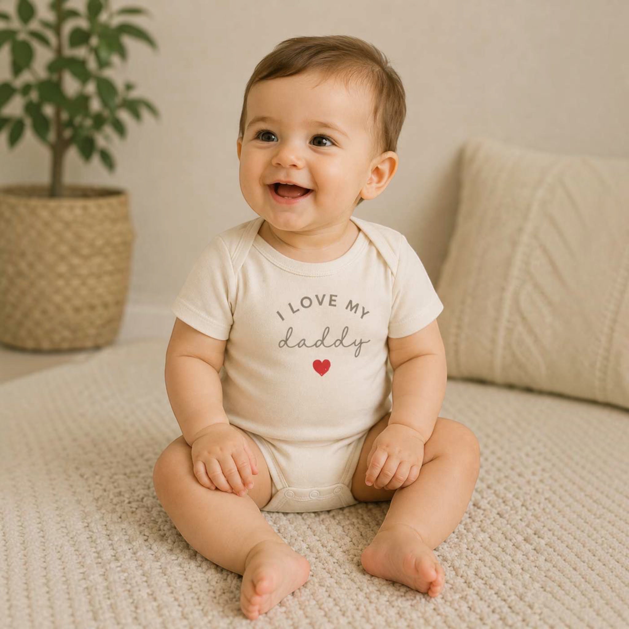 Happy baby wearing a cream The Beauty Closet bodysuit with I Love My Daddy text and a small red heart graphic