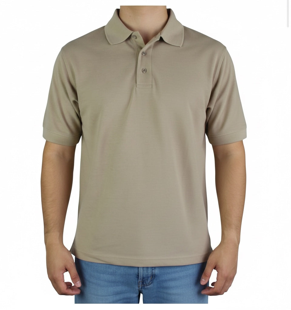 The Beauty Closet beige short sleeve cotton polo shirt with a three-button placket worn by a man with blue jeans.