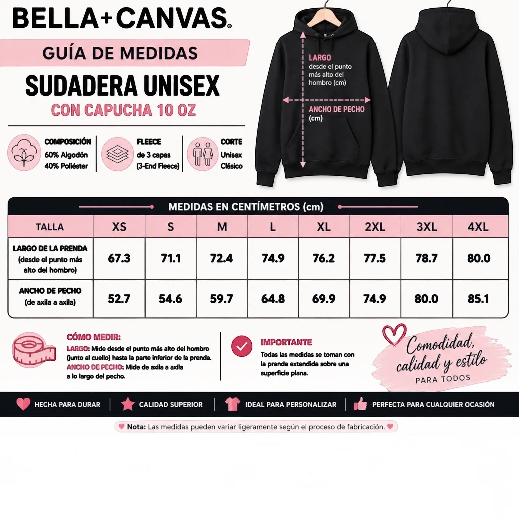 The Beauty Closet BELLA+CANVAS unisex black fleece pullover hoodie size chart with front and back view