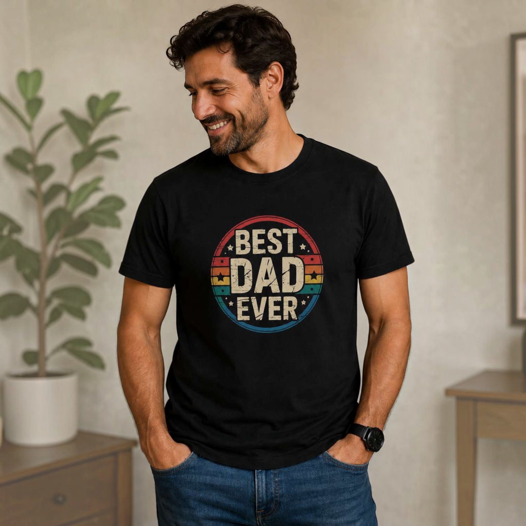 Man wearing a black The Beauty Closet t-shirt with a vintage Best Dad Ever graphic print in a circular design.