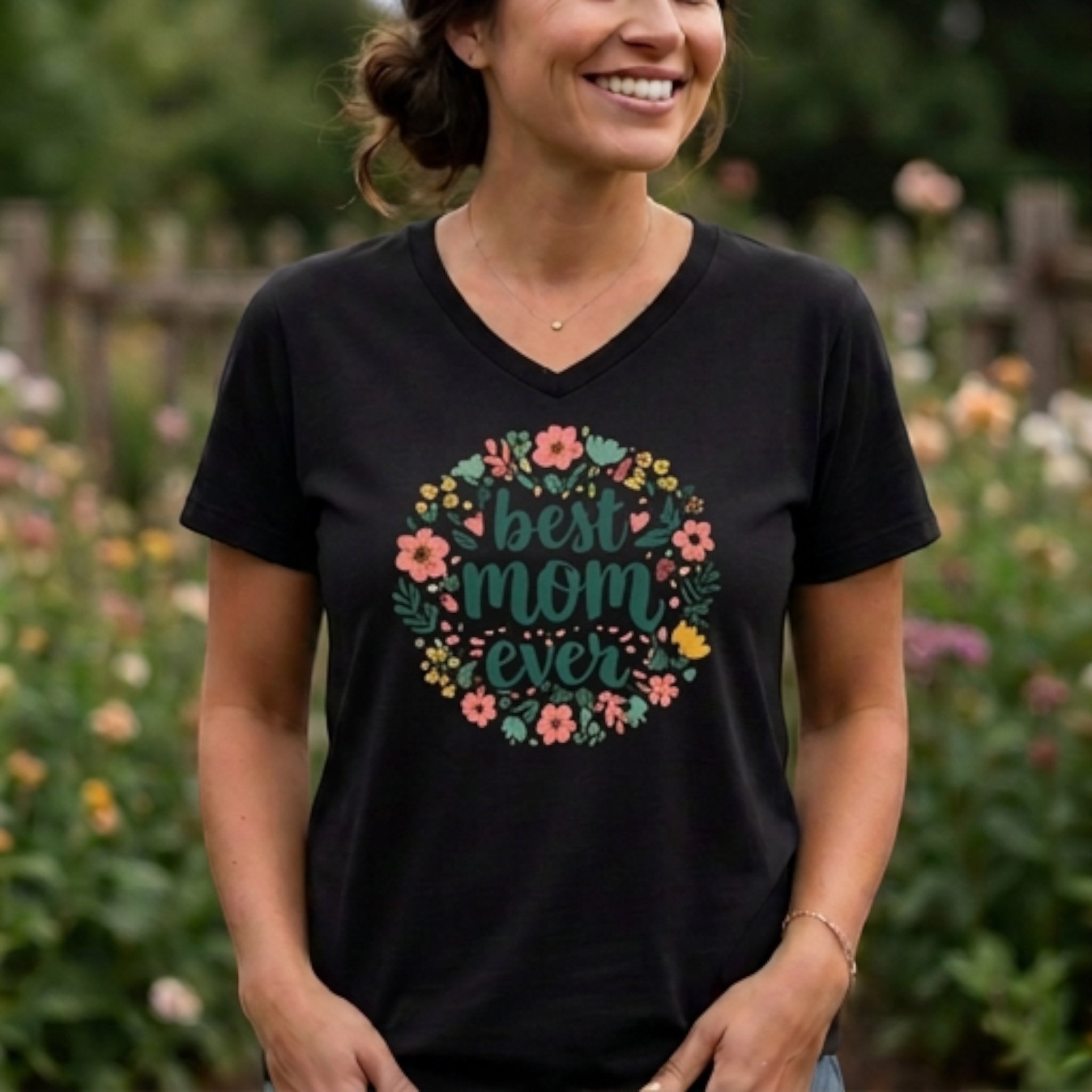 The Beauty Closet black V-neck t-shirt featuring a Best Mom Ever floral graphic print worn by a smiling woman.