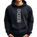 The Beauty Closet black hoodie featuring vertical white CHOSEN typography and 1 Peter 2:9 scripture print.
