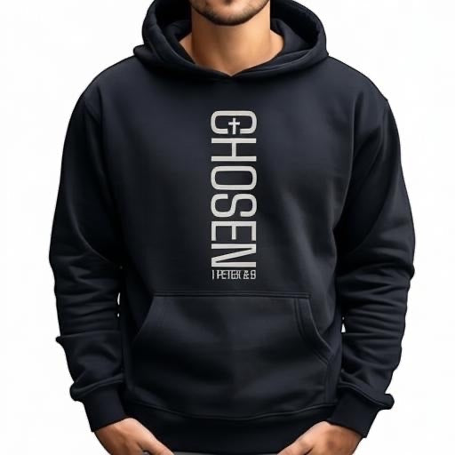 The Beauty Closet black hoodie featuring vertical white CHOSEN typography and 1 Peter 2:9 scripture print.