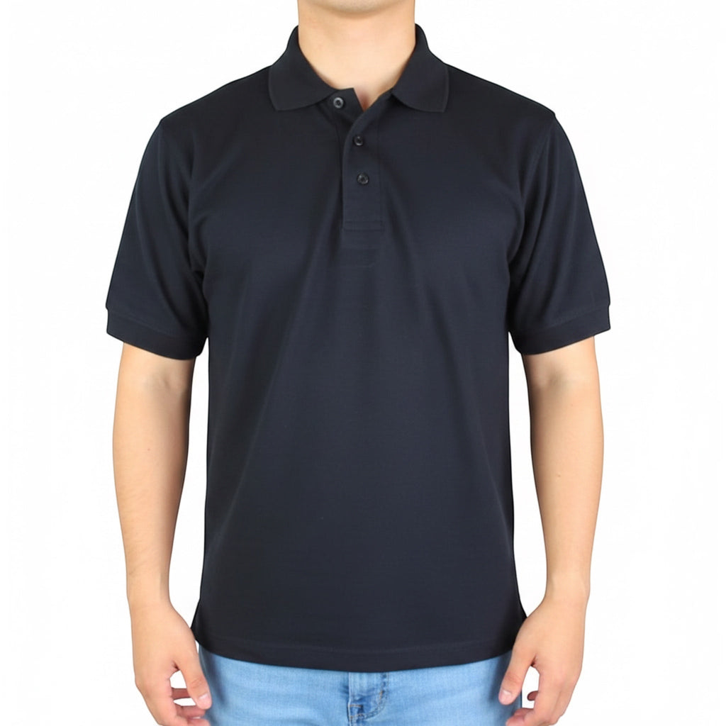 The Beauty Closet black short sleeve cotton polo shirt with a three-button placket worn by a man with blue jeans.