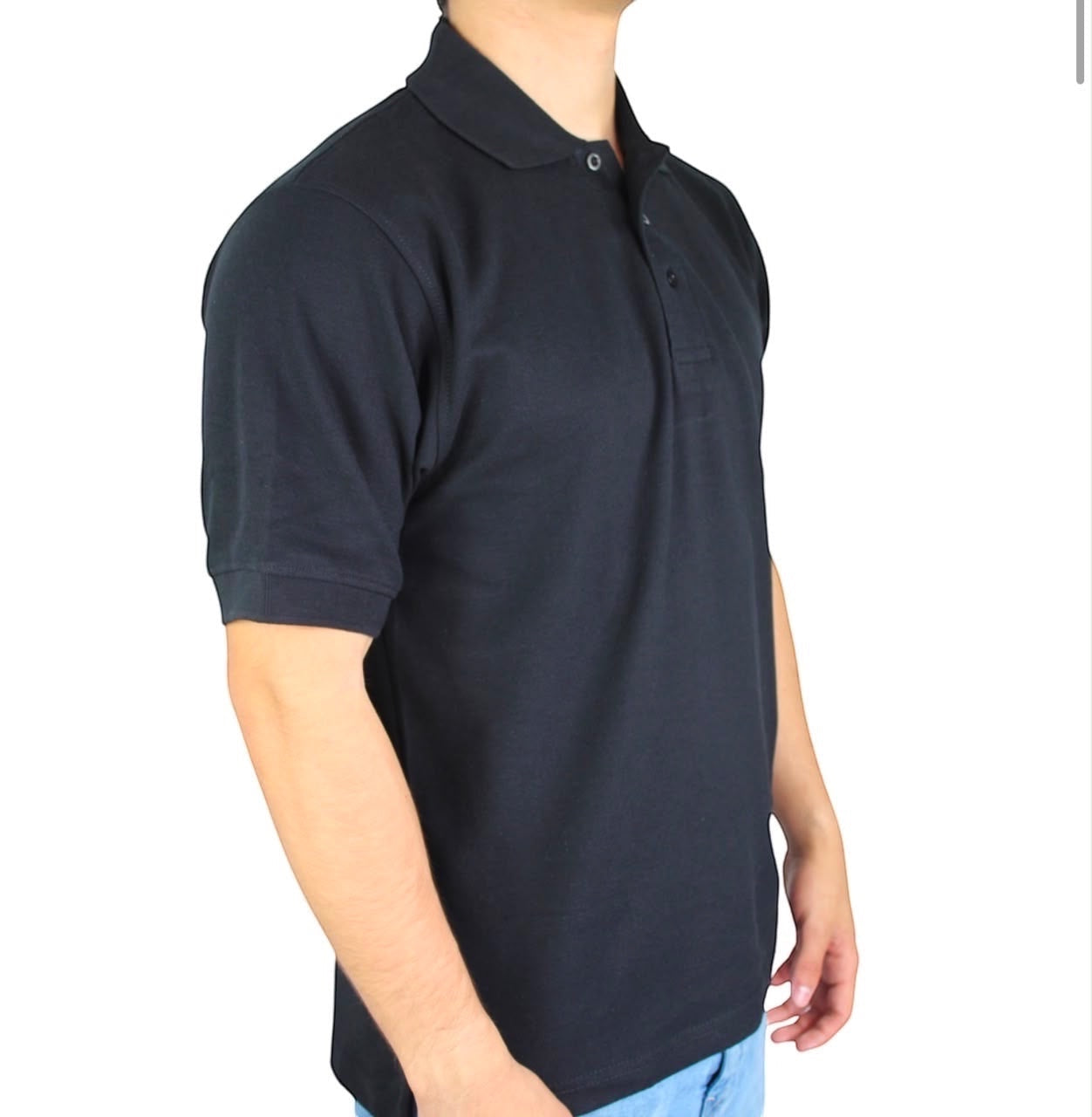 The Beauty Closet black cotton-blend short sleeve polo shirt with a three-button placket and ribbed cuffs.