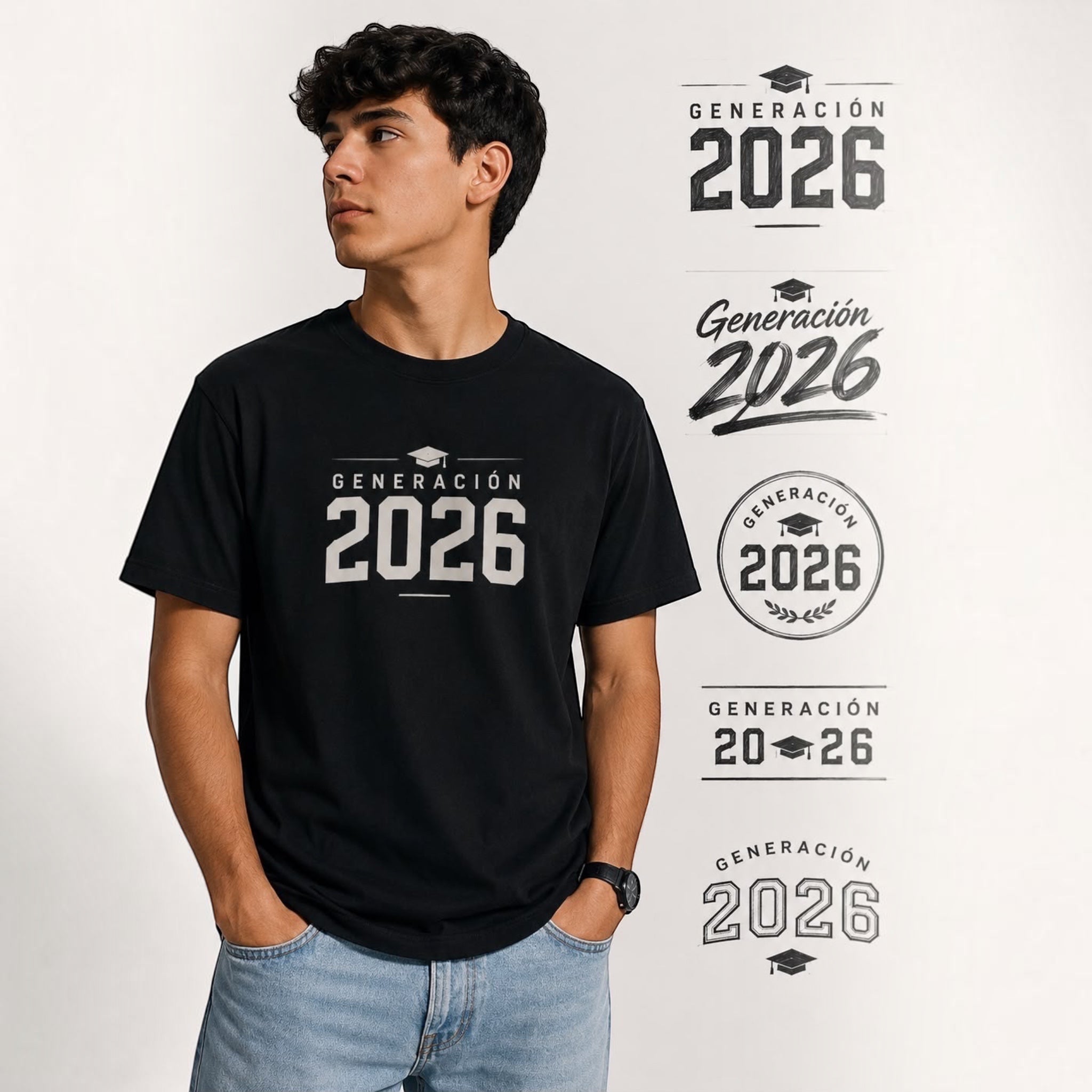 The Beauty Closet black unisex t-shirt featuring a white Generacion 2026 graduation graphic print on a male model.