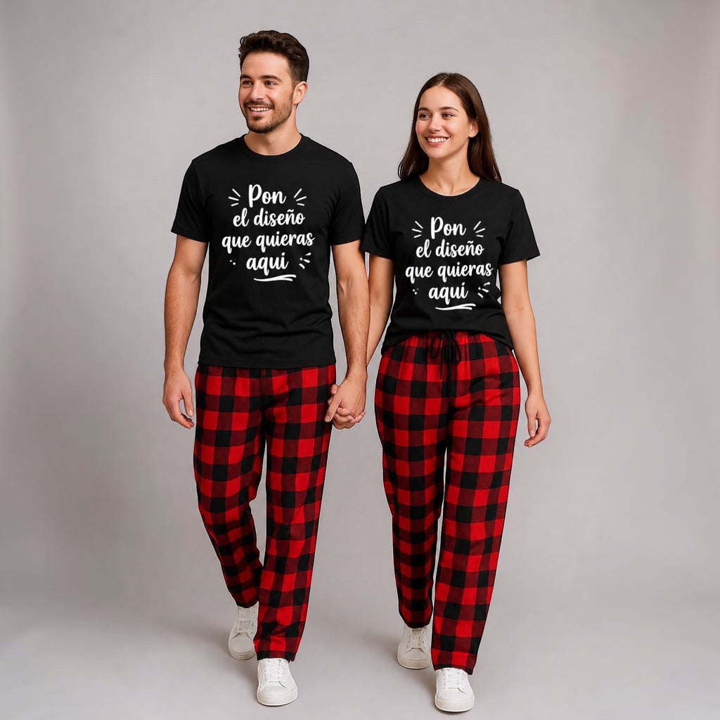 The Beauty Closet black cotton t-shirt with white Spanish text graphic, paired with red and black plaid pants.