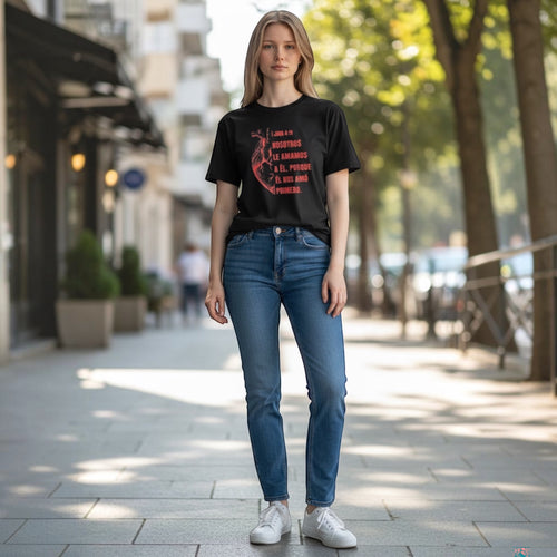 The Beauty Closet black cotton t-shirt with red heart graphic and Spanish Bible verse 1 John 4:19.