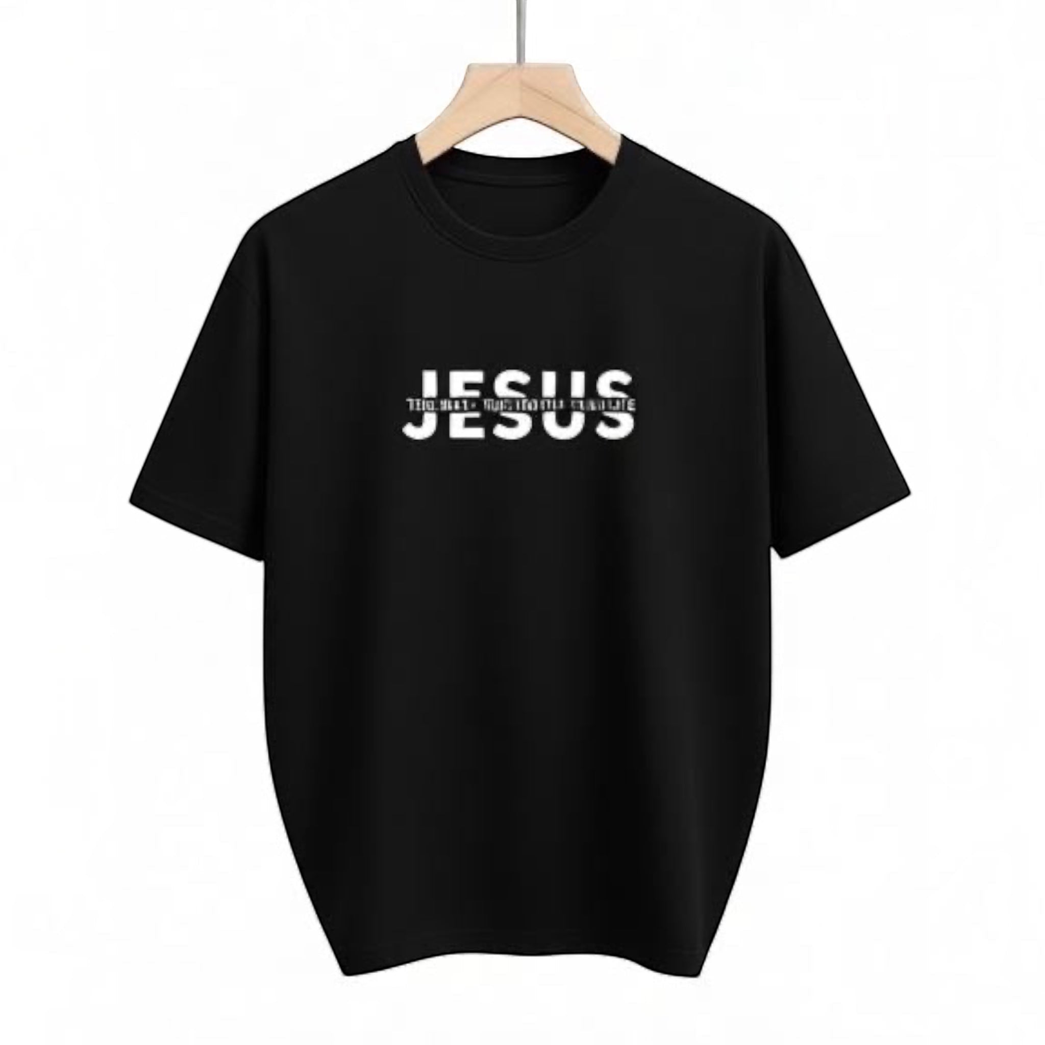 The Beauty Closet black crewneck t-shirt with white Jesus graphic print in a modern, glitch-style typography design.