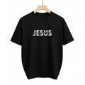 The Beauty Closet black crewneck t-shirt with white Jesus graphic print in a modern, glitch-style typography design.