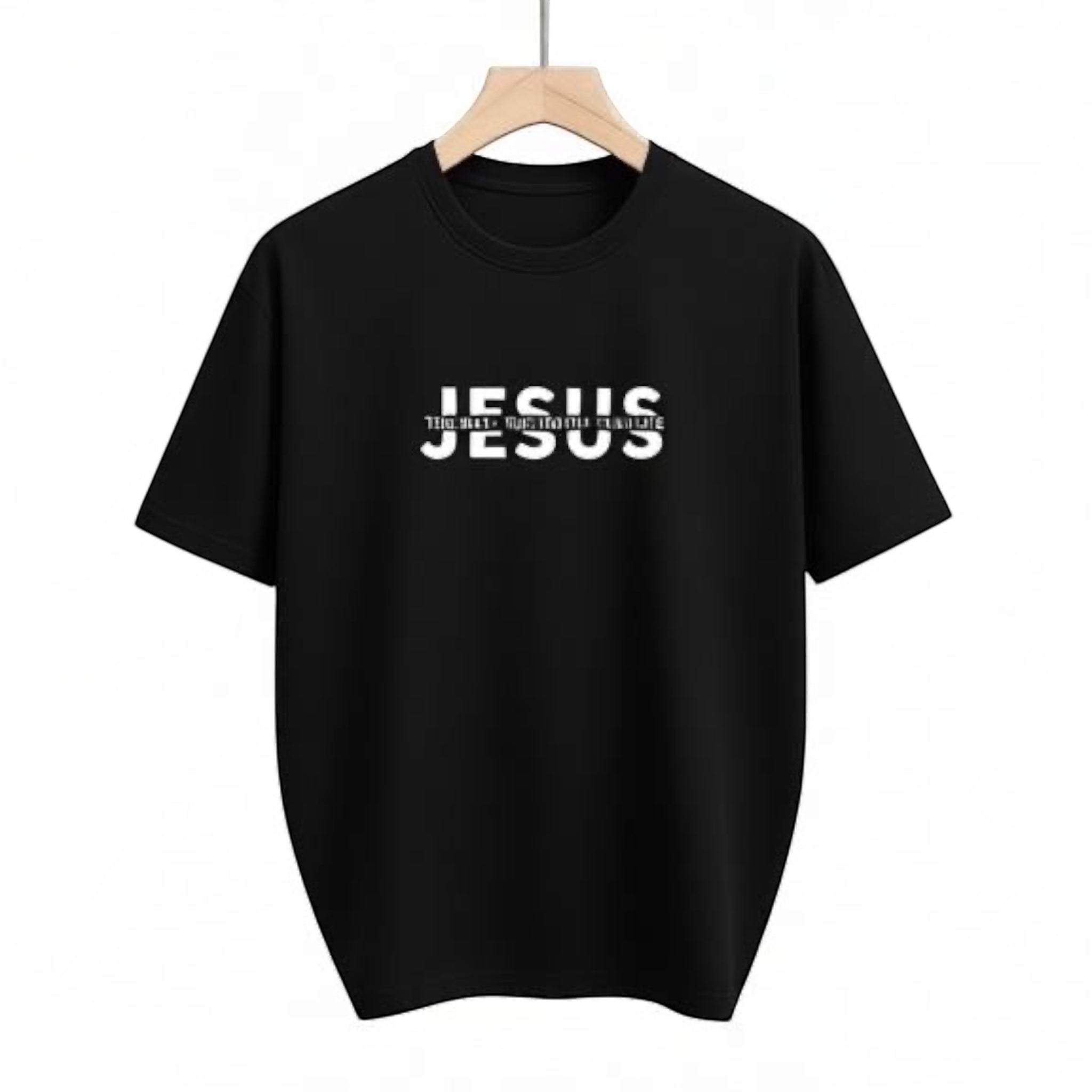 The Beauty Closet black crewneck t-shirt with white Jesus graphic print in a modern, glitch-style typography design.
