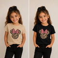 The Beauty Closet girls' black cotton t-shirt with leopard print Minnie Mouse graphic and pink bow.