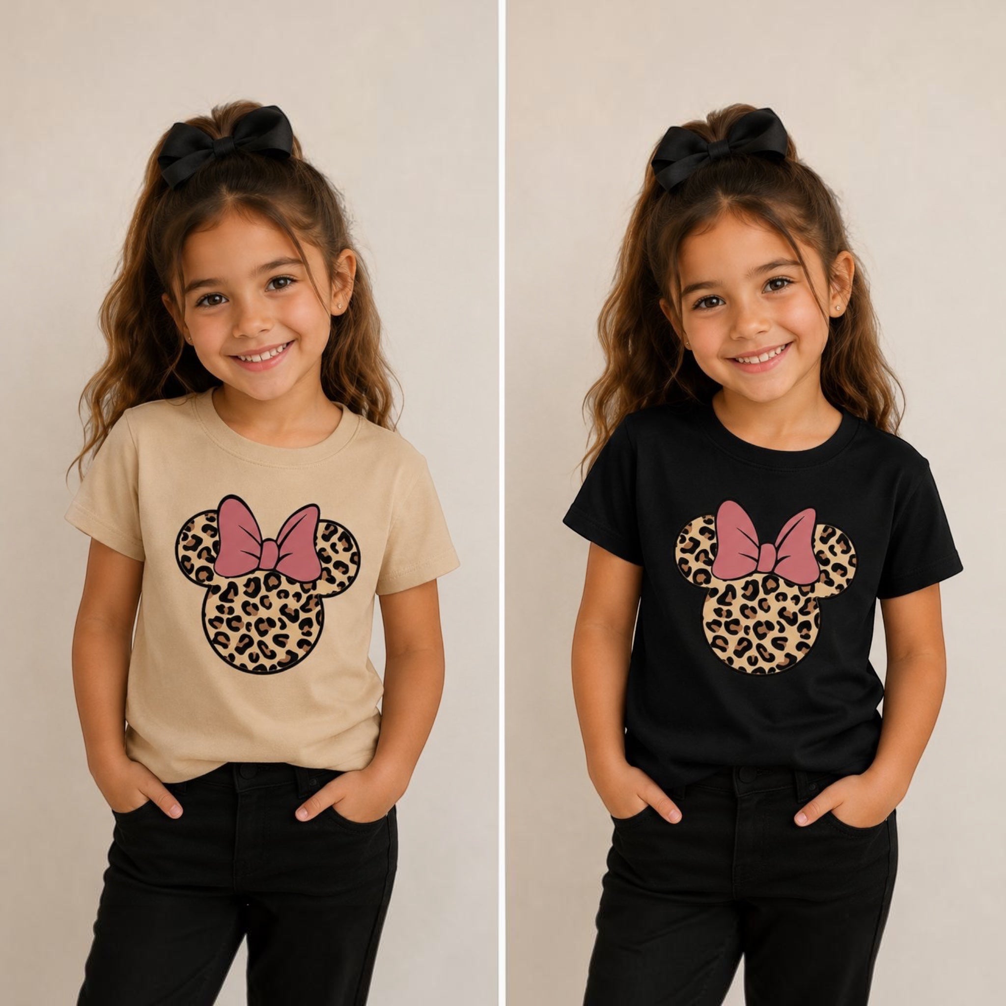The Beauty Closet girls' black cotton t-shirt with leopard print Minnie Mouse graphic and pink bow.