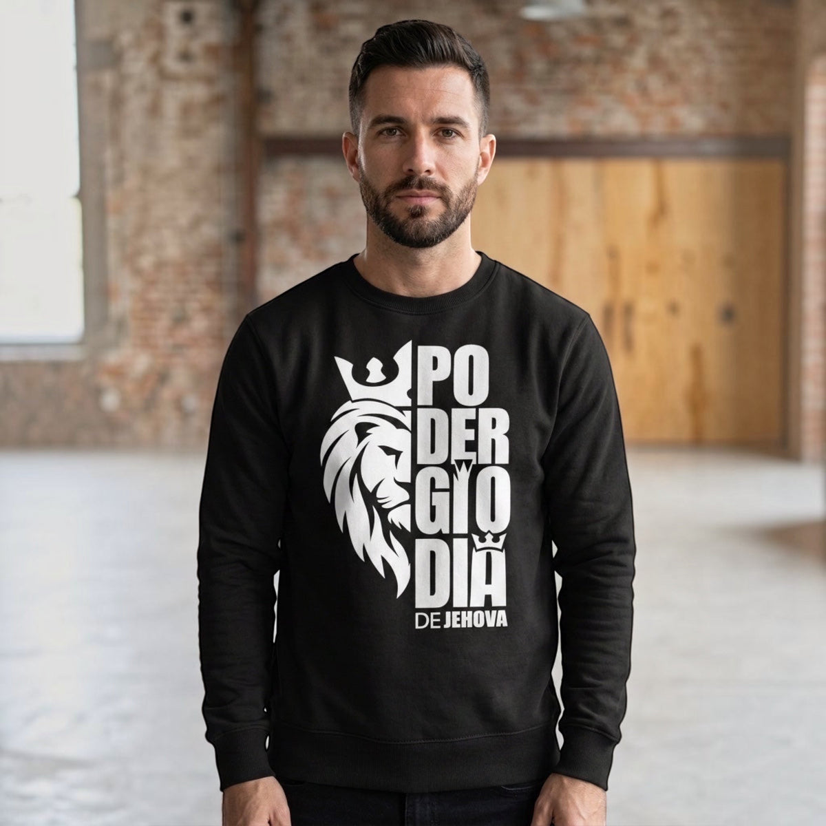 The Beauty Closet black crewneck sweatshirt featuring a white lion graphic and Poder Gio Dia De Jehova text on chest