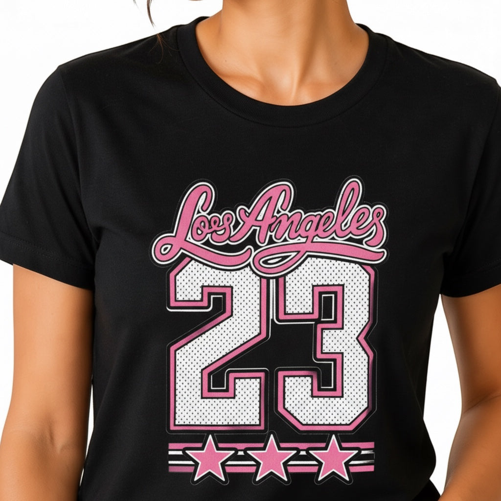 The Beauty Closet black cotton t-shirt featuring a pink and white Los Angeles 23 graphic print with star accents