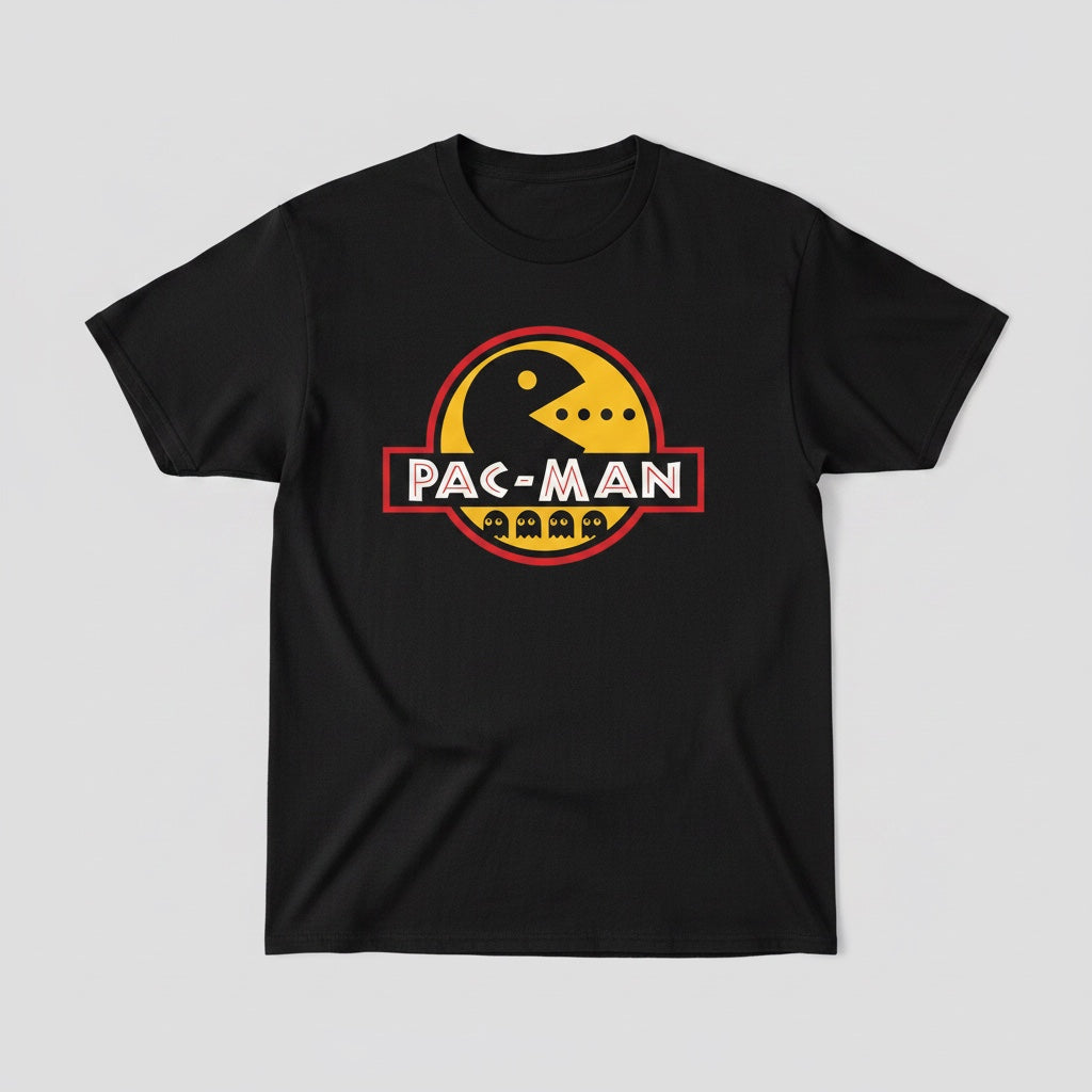 The Beauty Closet black cotton t-shirt featuring a yellow and red Pac-Man graphic logo on the chest