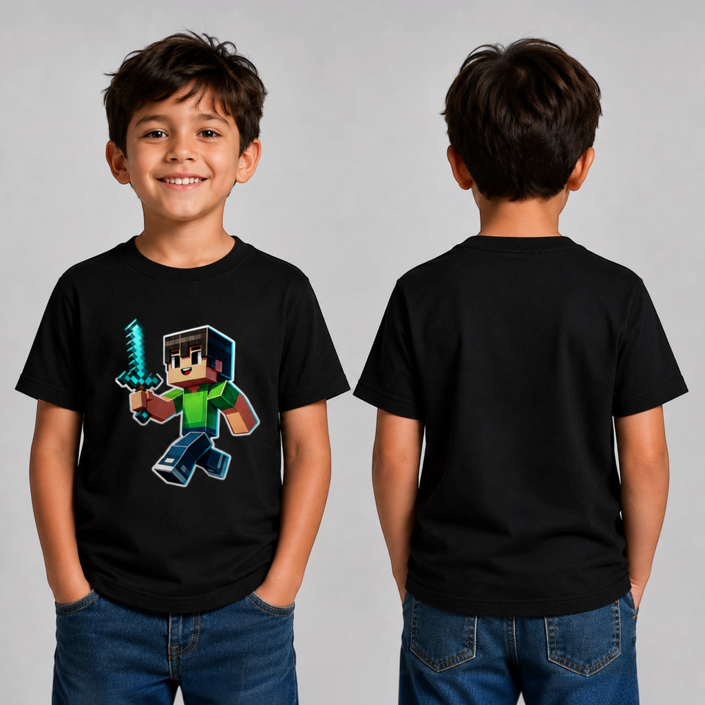 The Beauty Closet black cotton t-shirt with a pixelated boy character holding a blue sword. Front and back view.