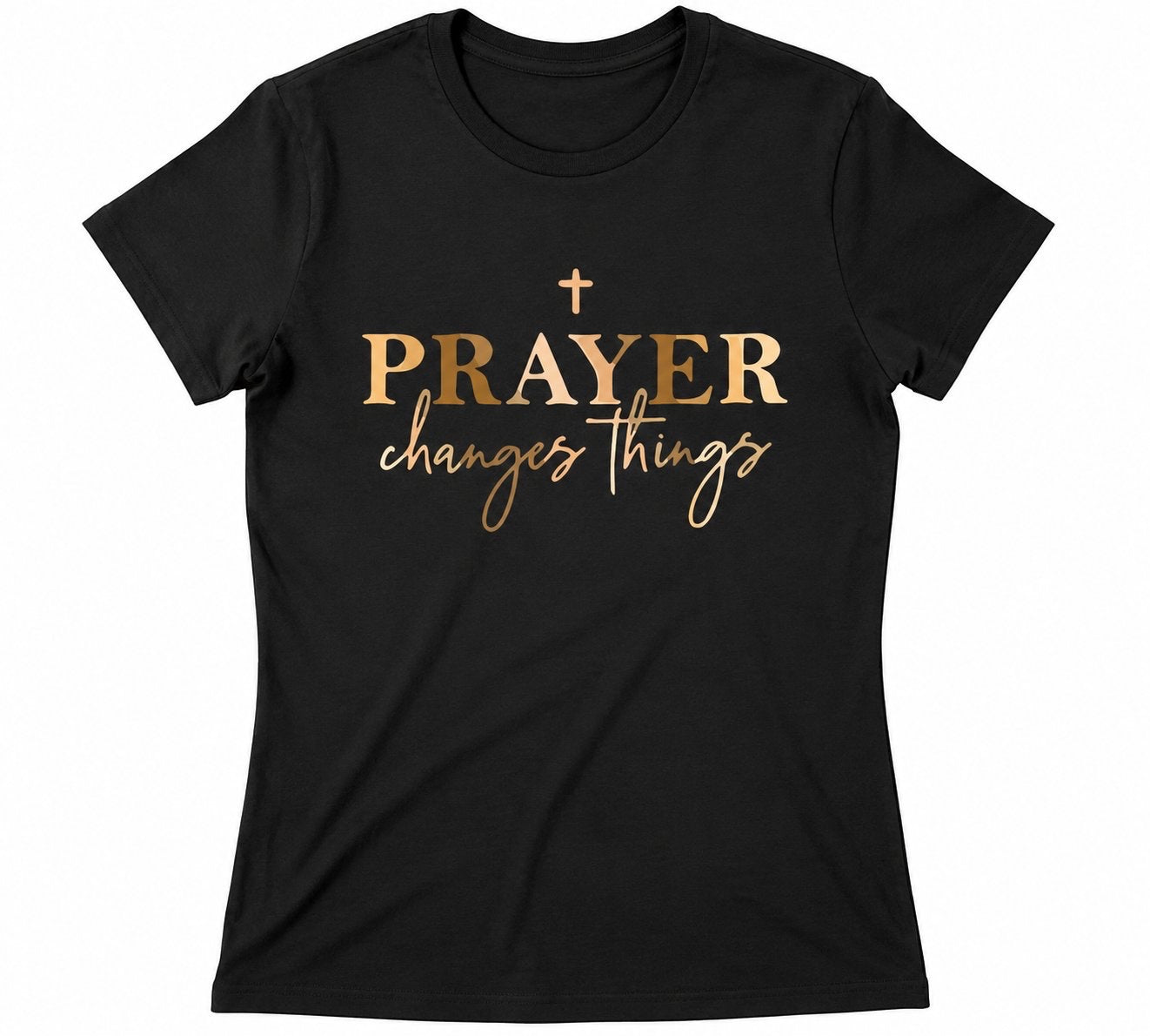 The Beauty Closet black cotton t-shirt with gold and tan "PRAYER changes things" graphic and cross.