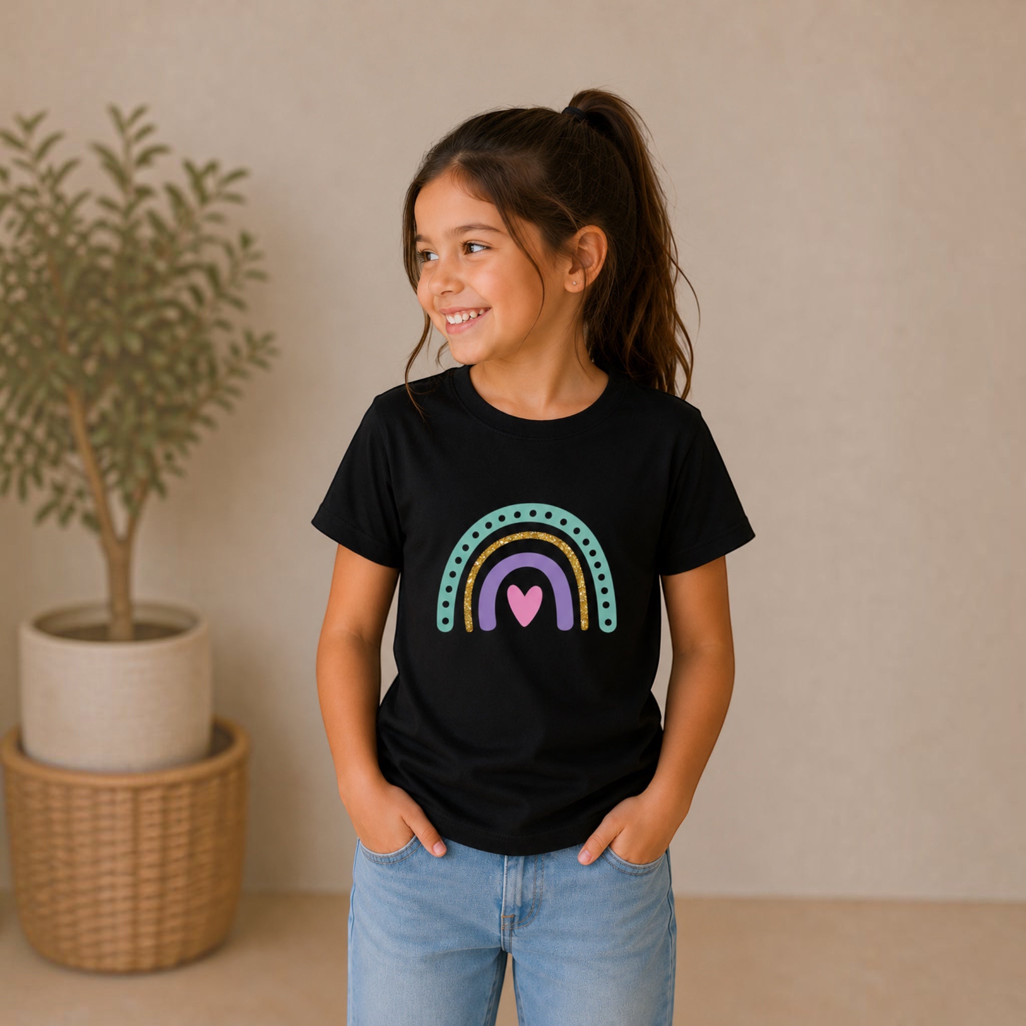 The Beauty Closet black cotton t-shirt for girls featuring a colorful rainbow and heart graphic print