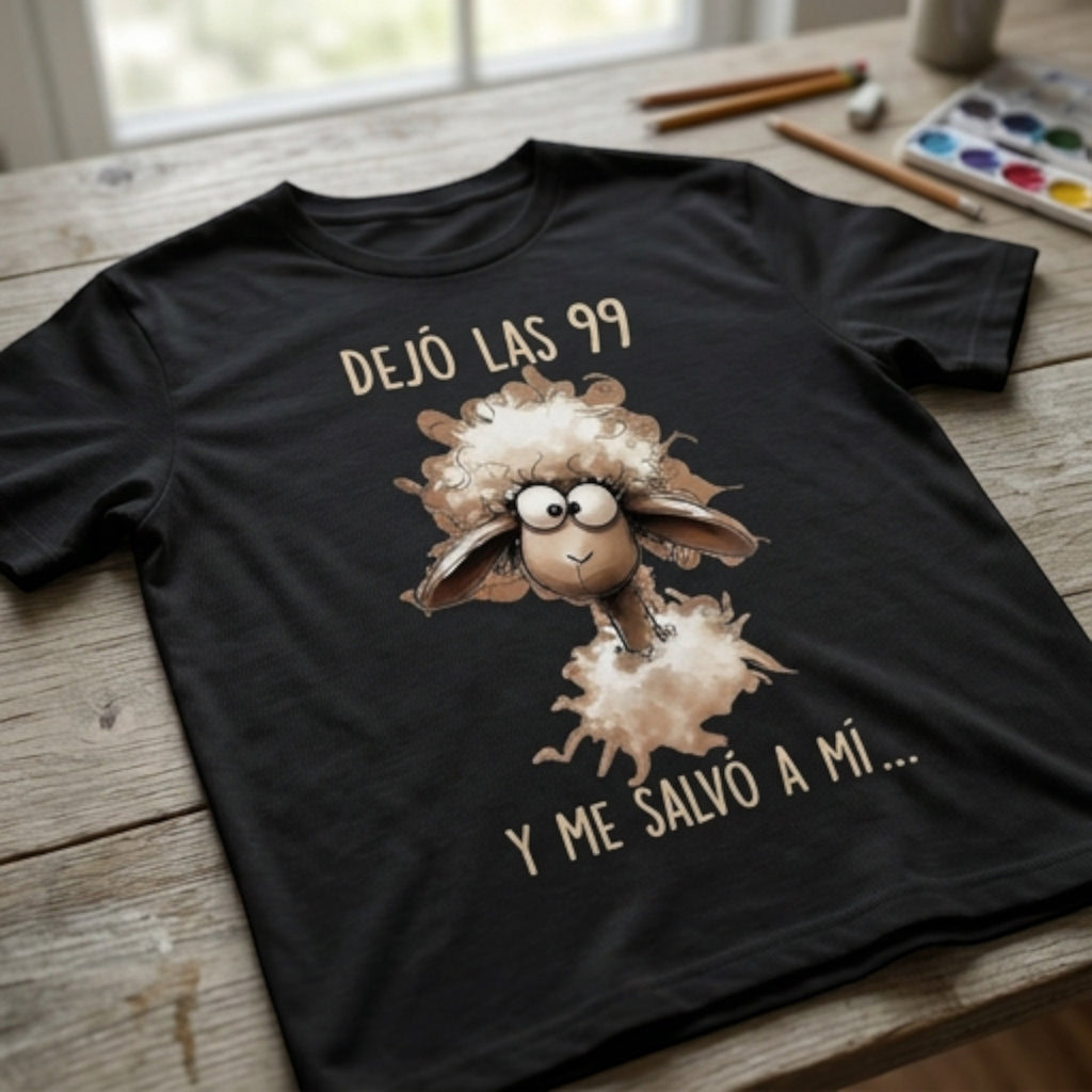 The Beauty Closet black cotton crewneck t-shirt featuring a cartoon sheep graphic and Spanish scripture text.