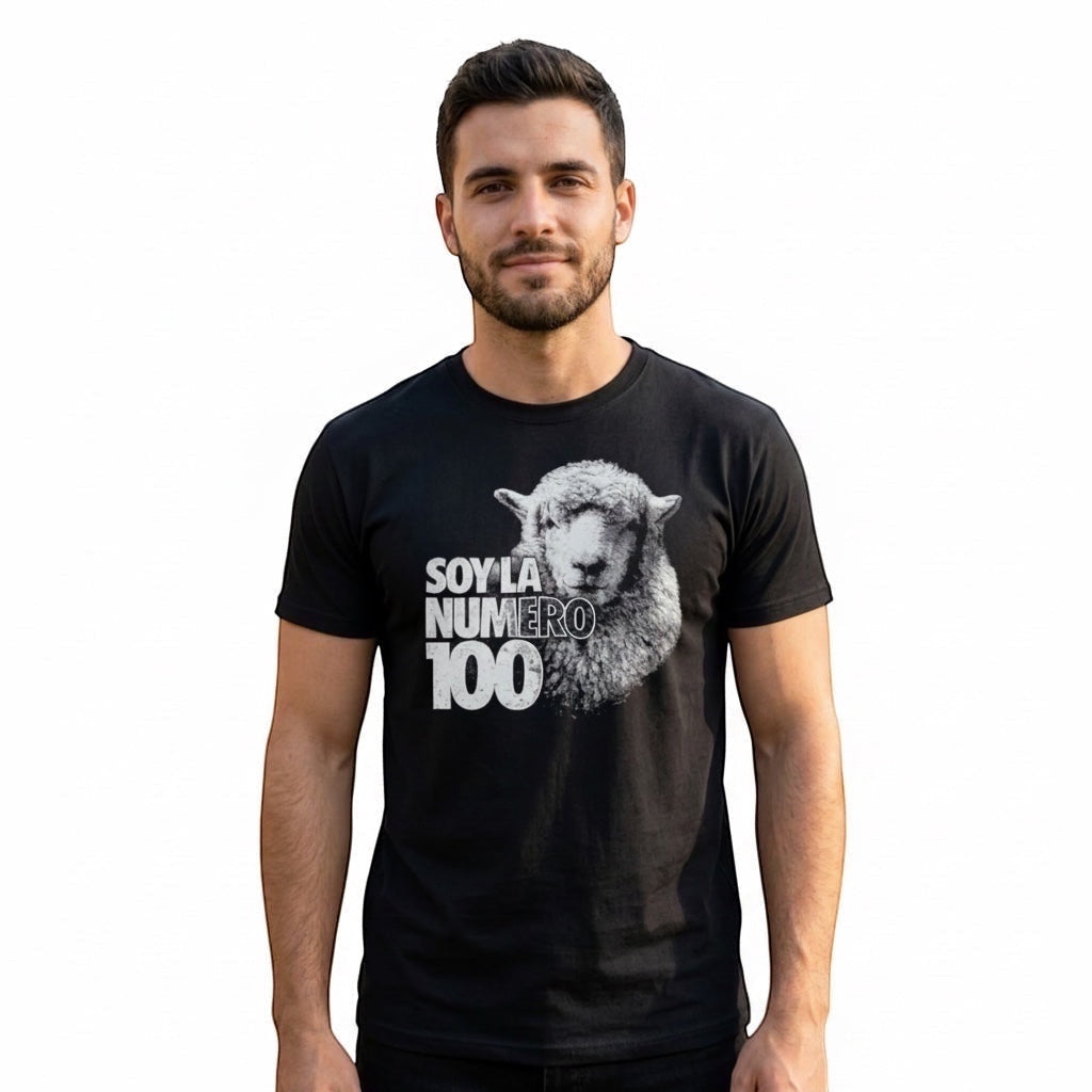 The Beauty Closet black crewneck t-shirt featuring a sheep graphic and the text Soy La Numero 100 on a male model.