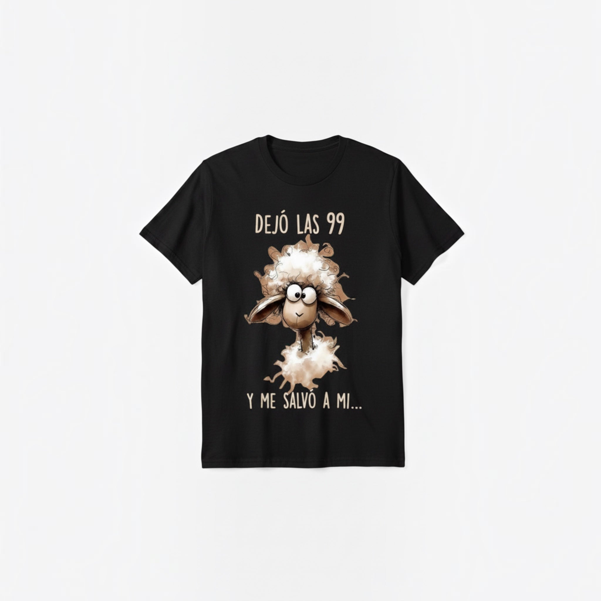 The Beauty Closet black t-shirt featuring a cartoon sheep illustration and Spanish text Dejo las 99 y me salvo a mi