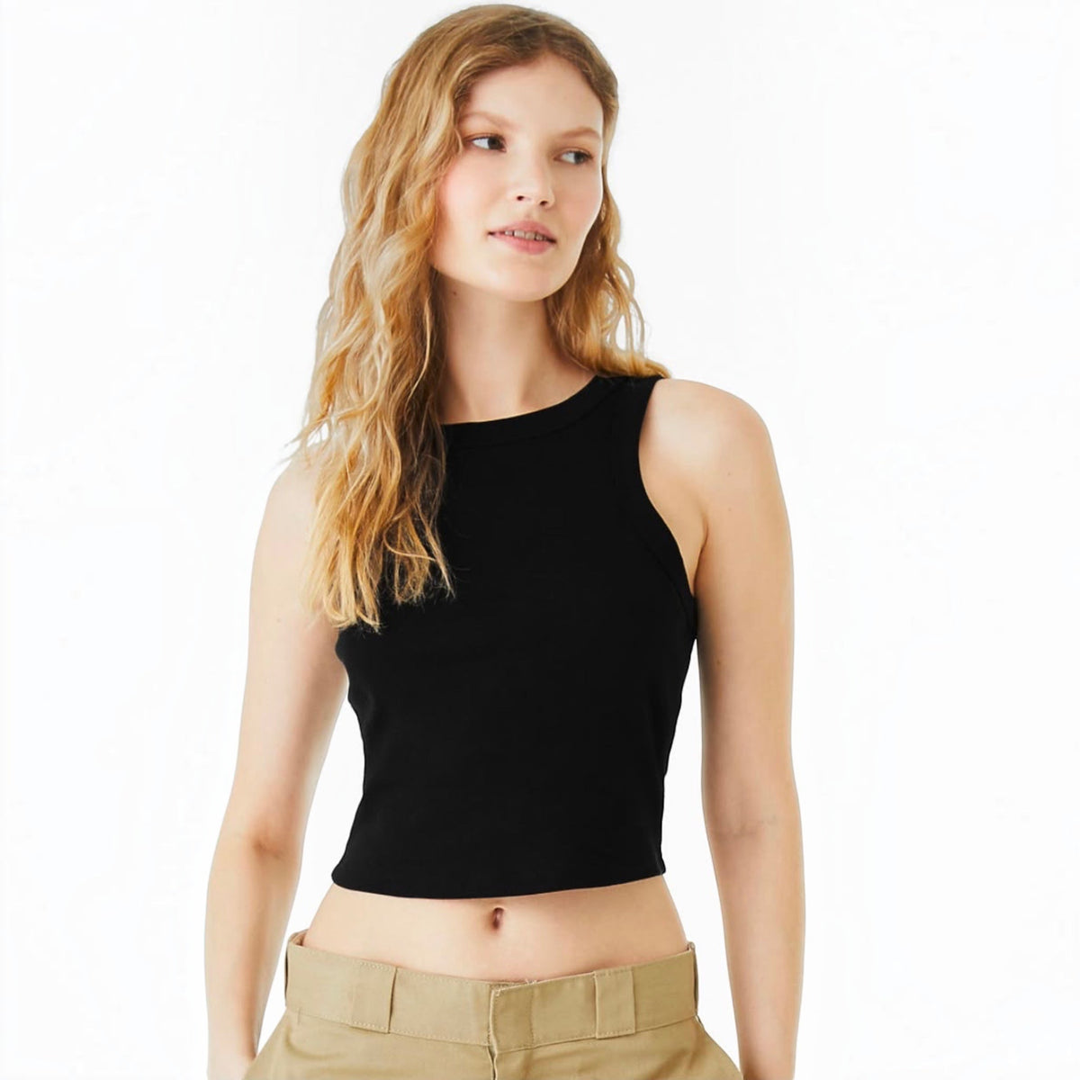 The Beauty Closet black sleeveless cotton crop top worn by a blonde model against a white background
