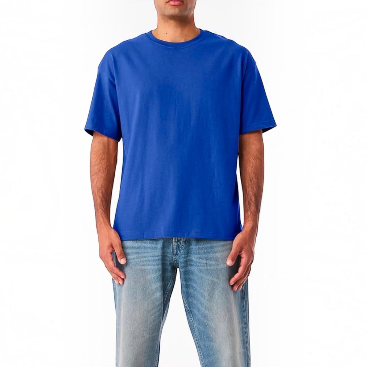 The Beauty Closet blue crewneck t-shirt worn by a man with light wash denim jeans