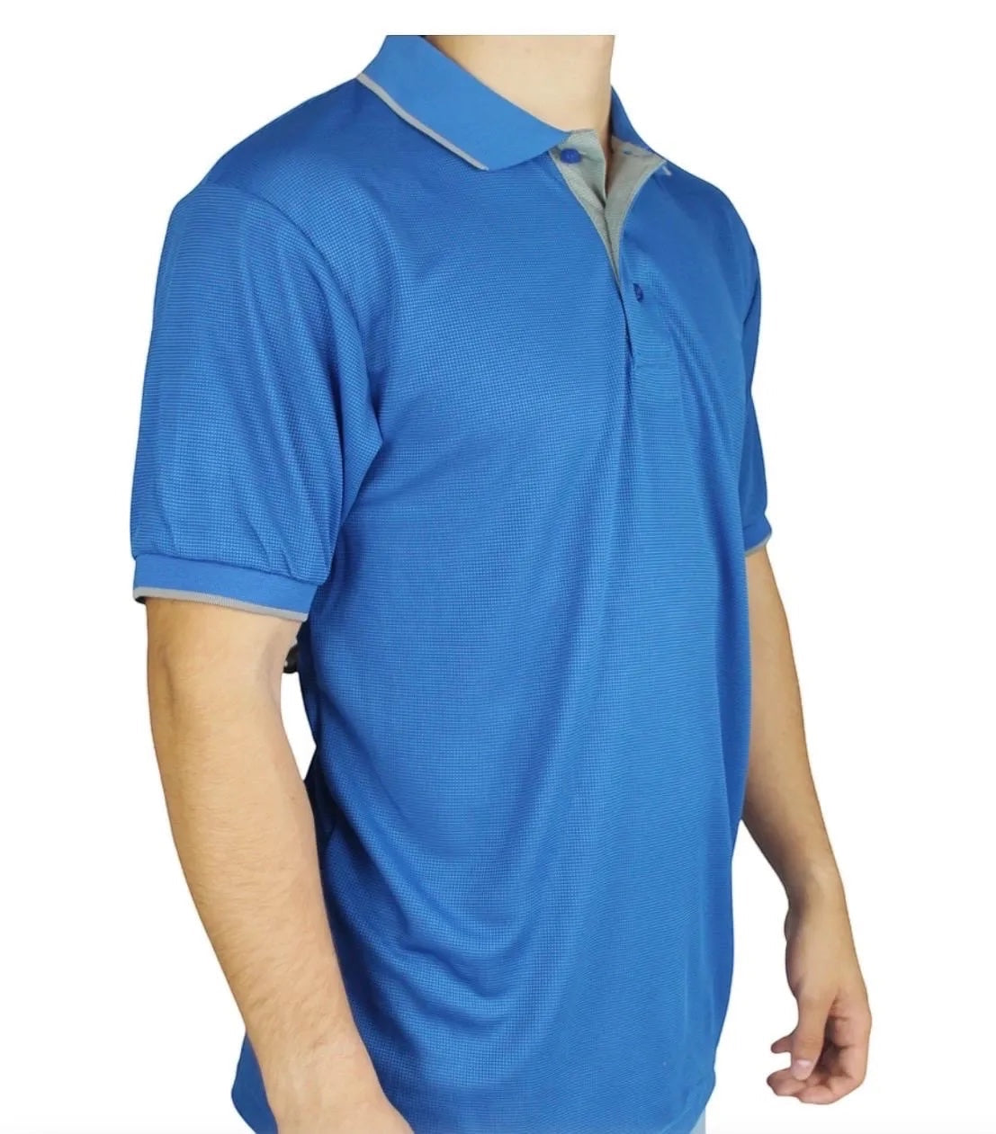 The Beauty Closet men's blue short sleeve polo shirt with grey collar and cuff trim. Textured fabric, two-button placket.