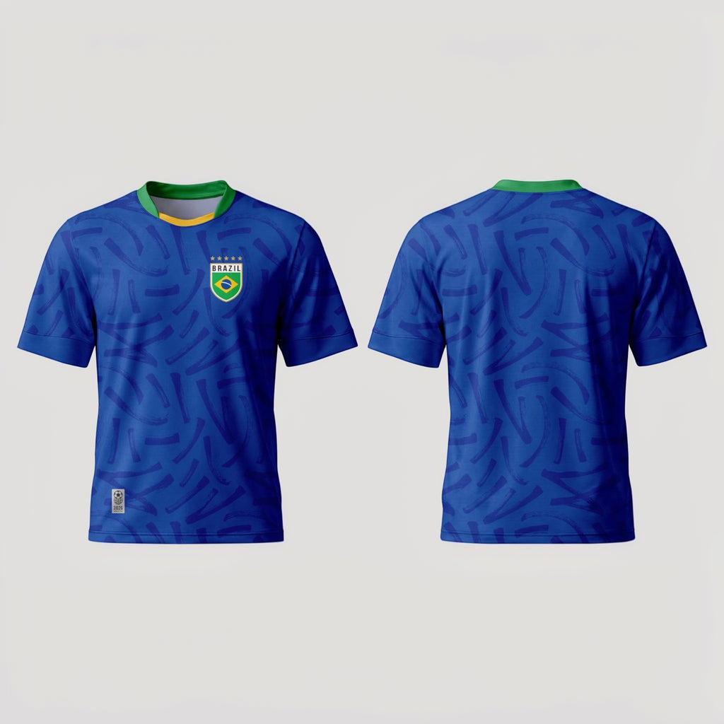 The Beauty Closet blue Brazil soccer jersey with green and yellow collar. Features a repeating abstract brushstroke pattern.