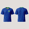 The Beauty Closet blue Brazil soccer jersey with green and yellow collar. Features a repeating abstract brushstroke pattern.