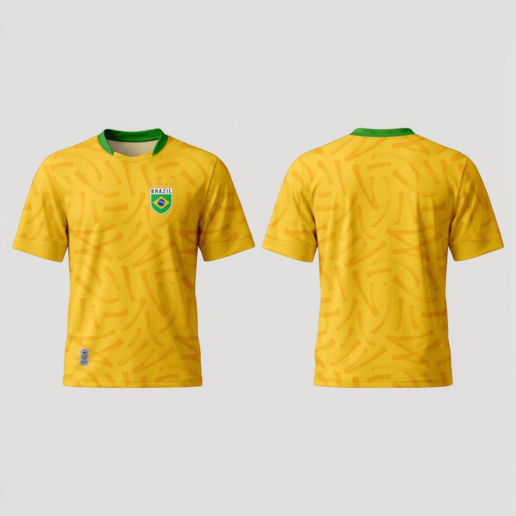 The Beauty Closet Brazil soccer jersey with green collar and abstract yellow pattern. Front and back view.