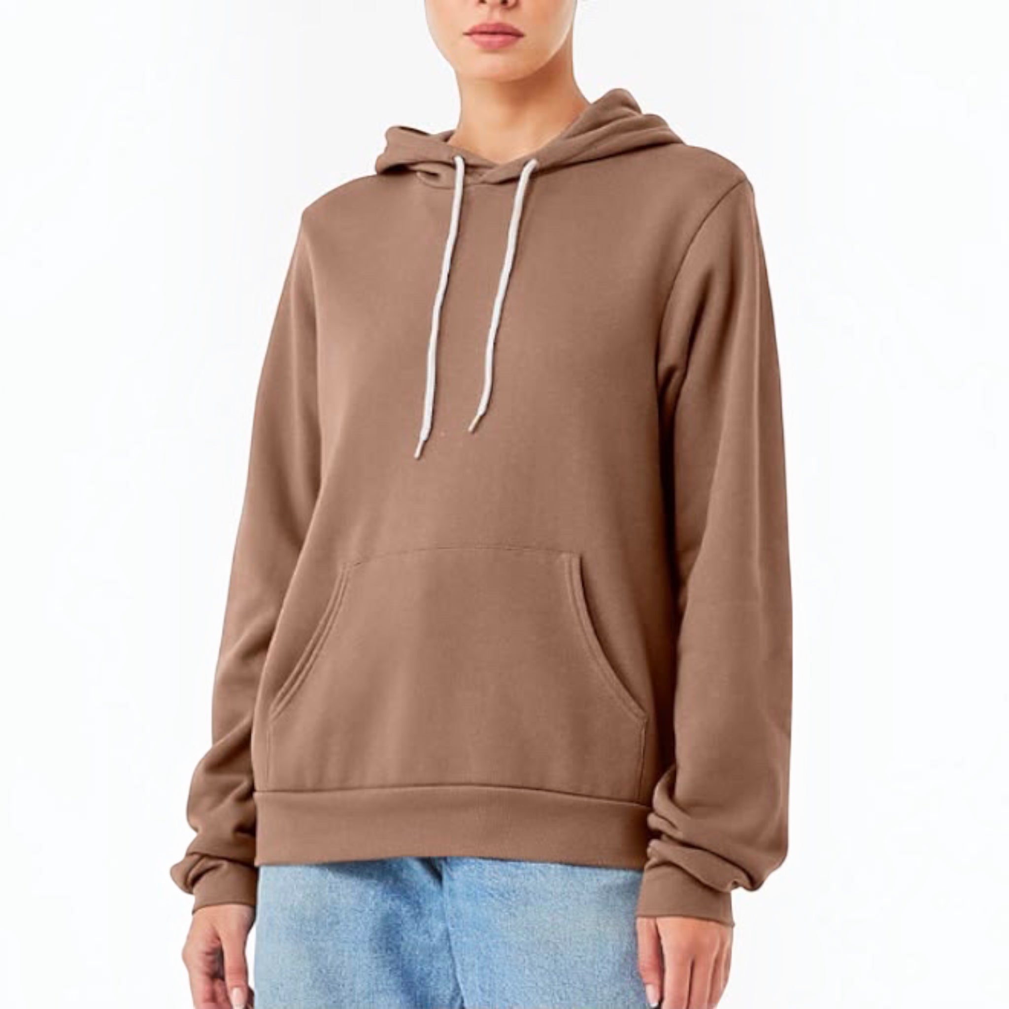 The Beauty Closet brown pullover hoodie with a drawstring hood and kangaroo pocket worn by a model with blue jeans.