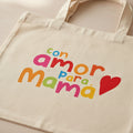 The Beauty Closet canvas tote bag featuring a colorful Con Amor Para Mama graphic with a red heart design.