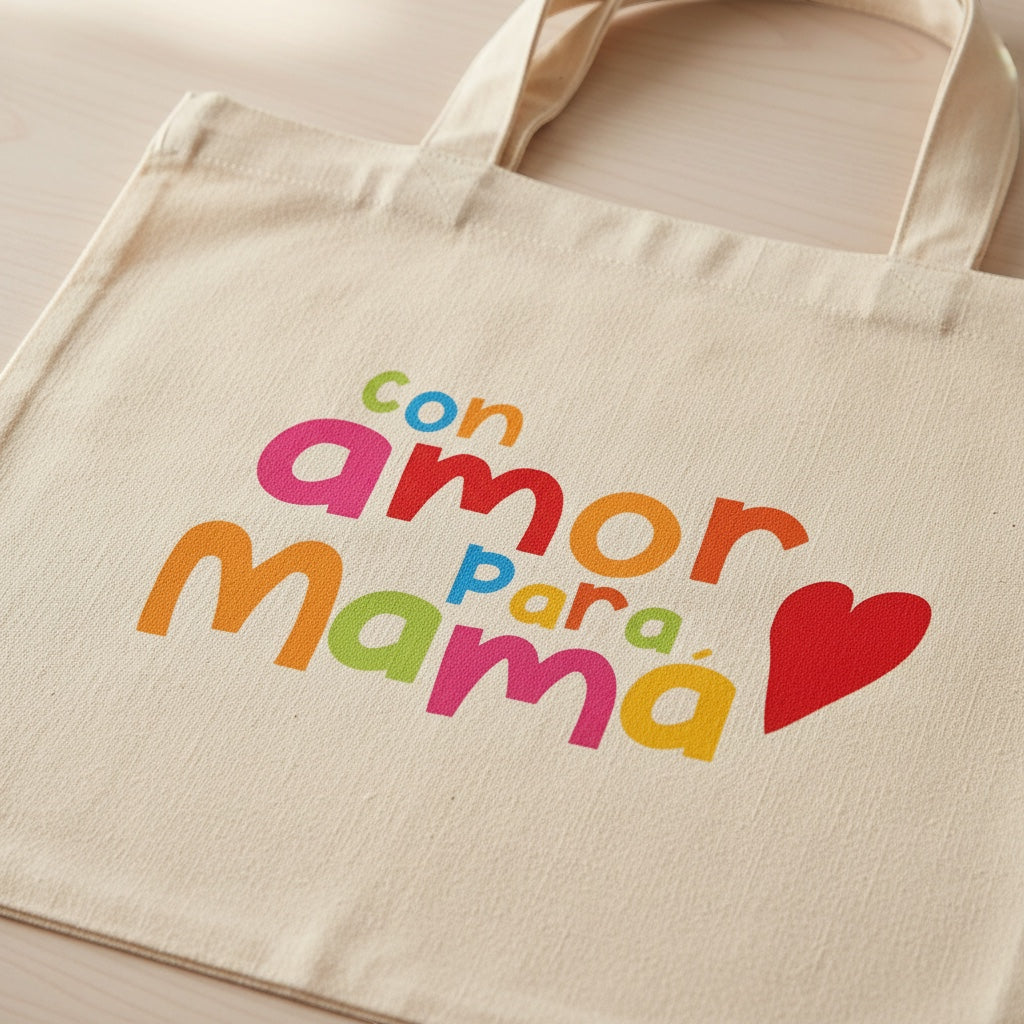 The Beauty Closet canvas tote bag featuring a colorful Con Amor Para Mama graphic with a red heart design.