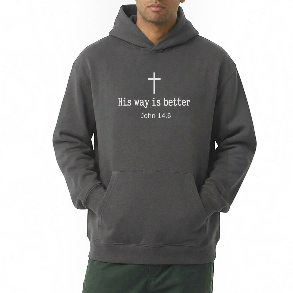 The Beauty Closet charcoal grey hoodie with a white cross graphic and His way is better John 14:6 text print
