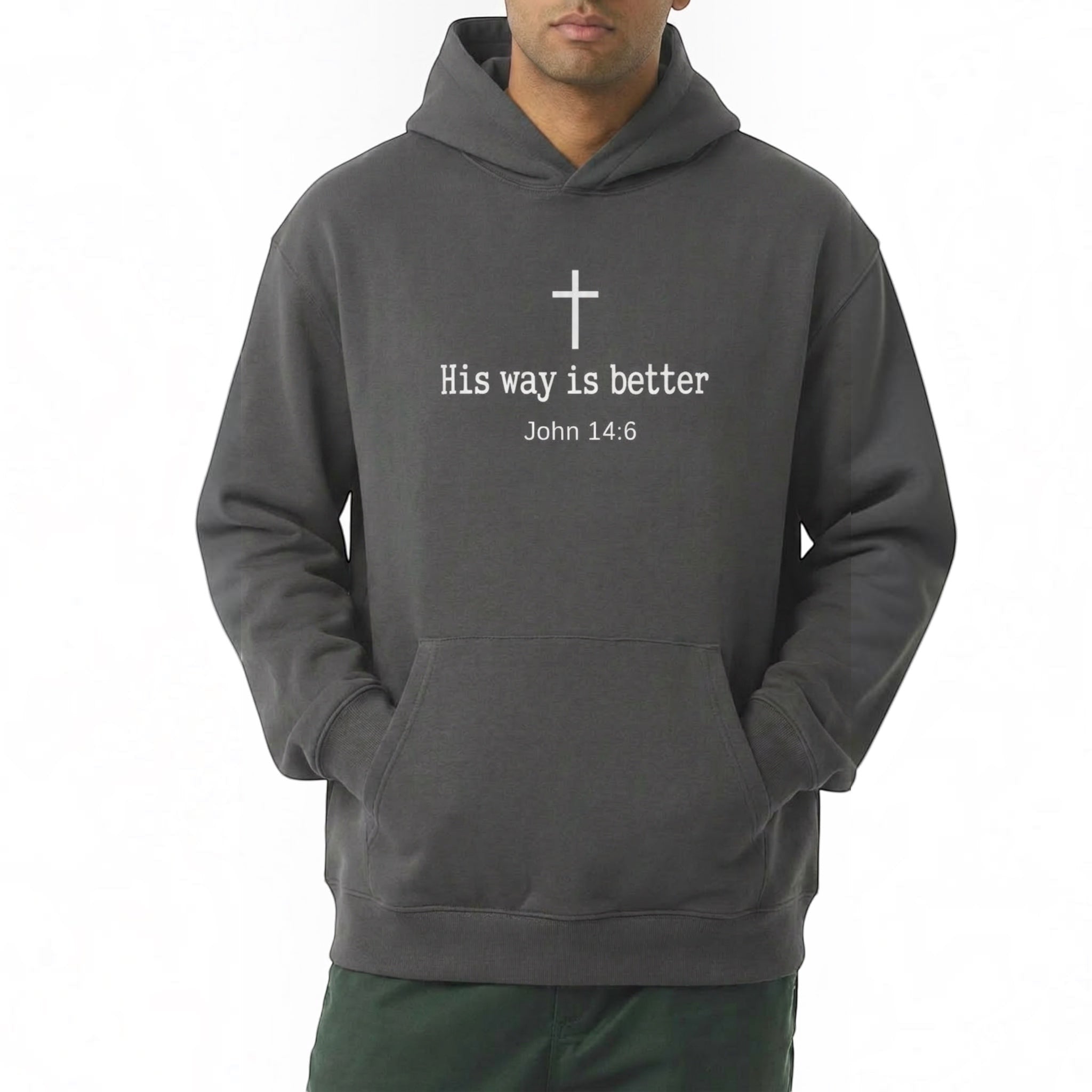 The Beauty Closet charcoal grey hoodie with a white cross graphic and His way is better John 14:6 text print