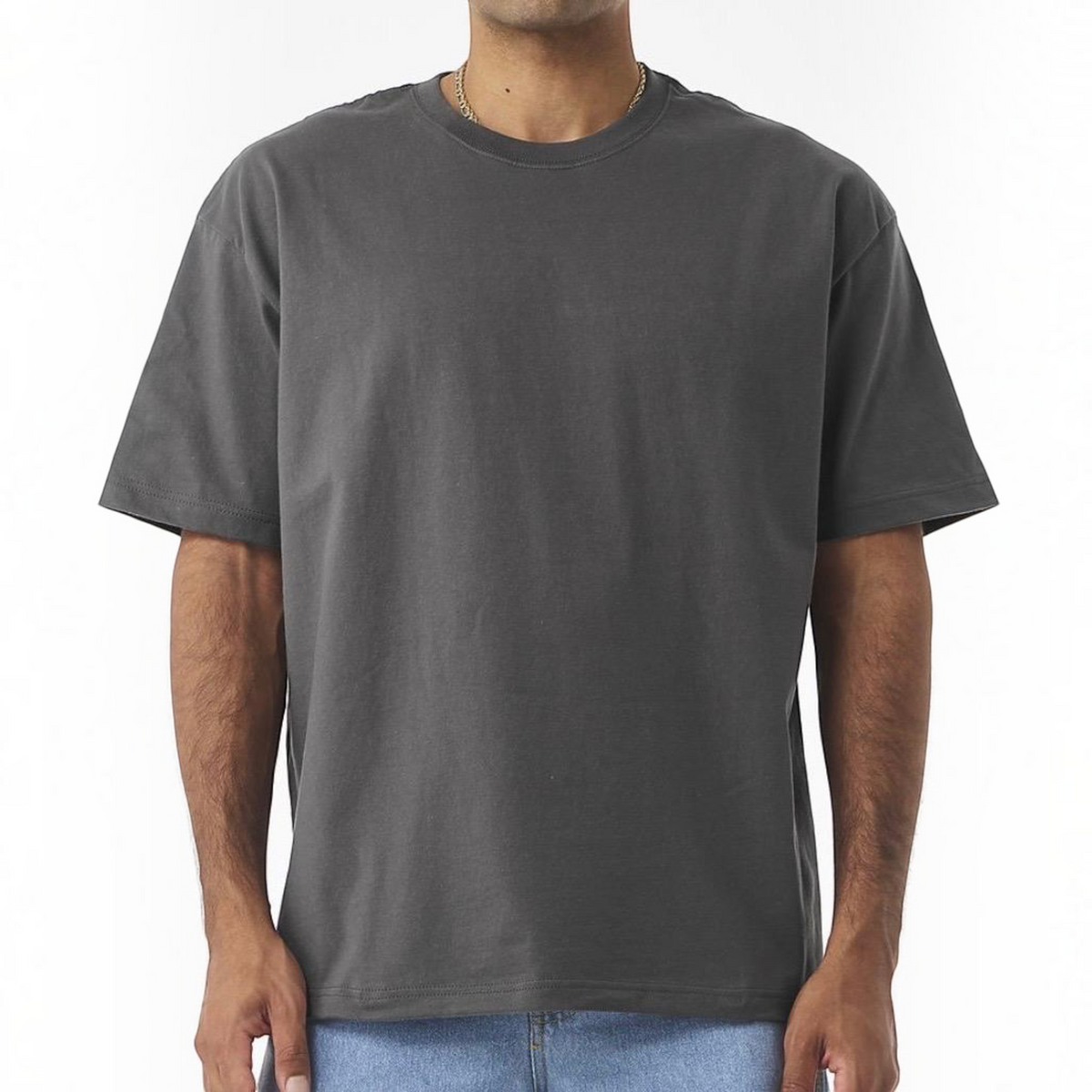 The Beauty Closet charcoal grey crew neck short sleeve cotton t-shirt worn by a man with a relaxed fit