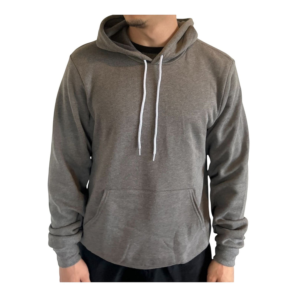 The Beauty Closet charcoal grey men's pullover hoodie with drawstring hood and kangaroo pocket.