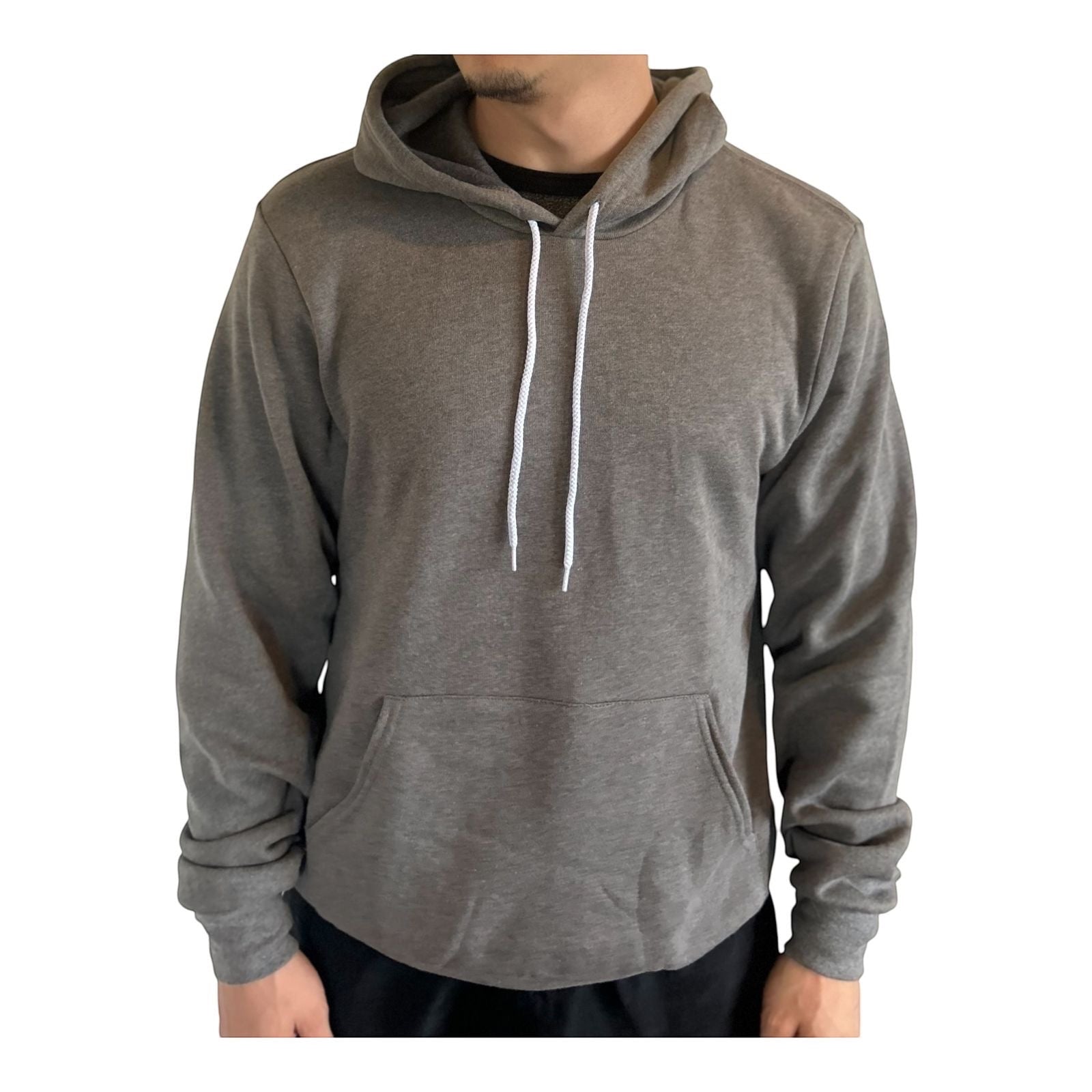 The Beauty Closet charcoal grey men's pullover hoodie with drawstring hood and kangaroo pocket.