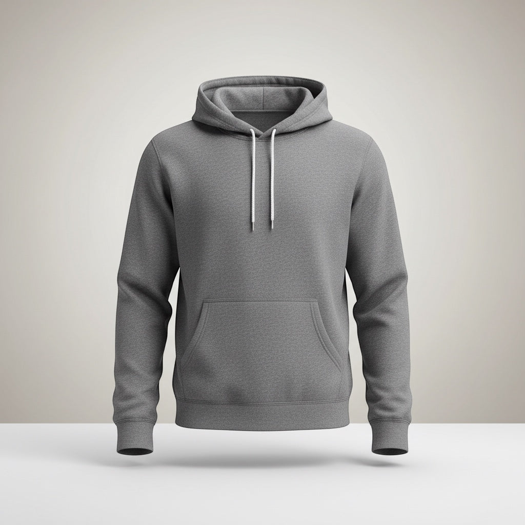 The Beauty Closet men's charcoal grey classic pullover hoodie with drawstring hood and kangaroo pocket.