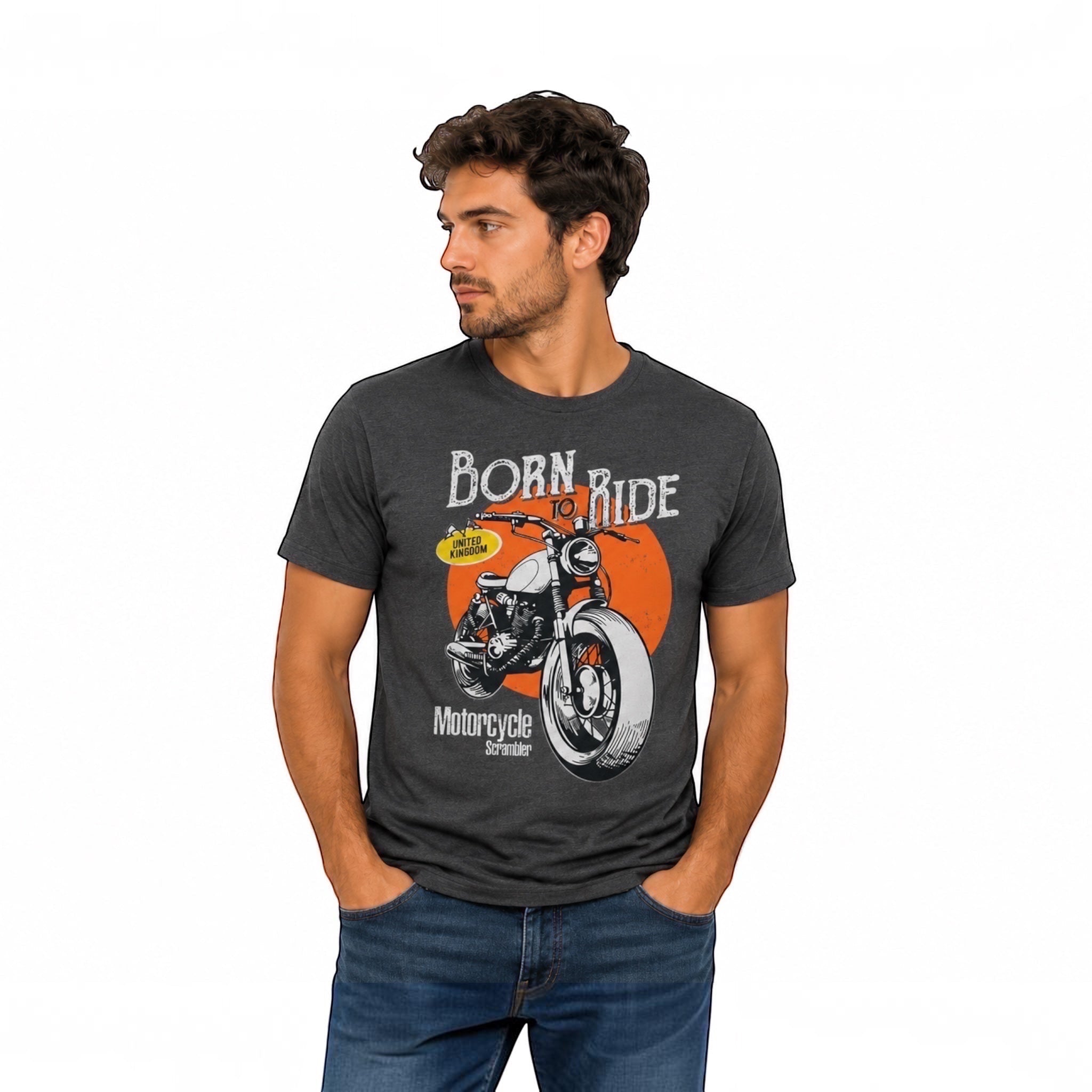 The Beauty Closet charcoal grey graphic t-shirt with a vintage motorcycle print worn by a man in blue jeans
