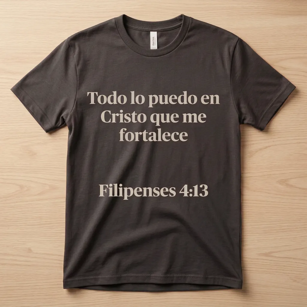 The Beauty Closet charcoal grey crewneck t-shirt with Todo lo puedo en Cristo que me fortalece scripture graphic