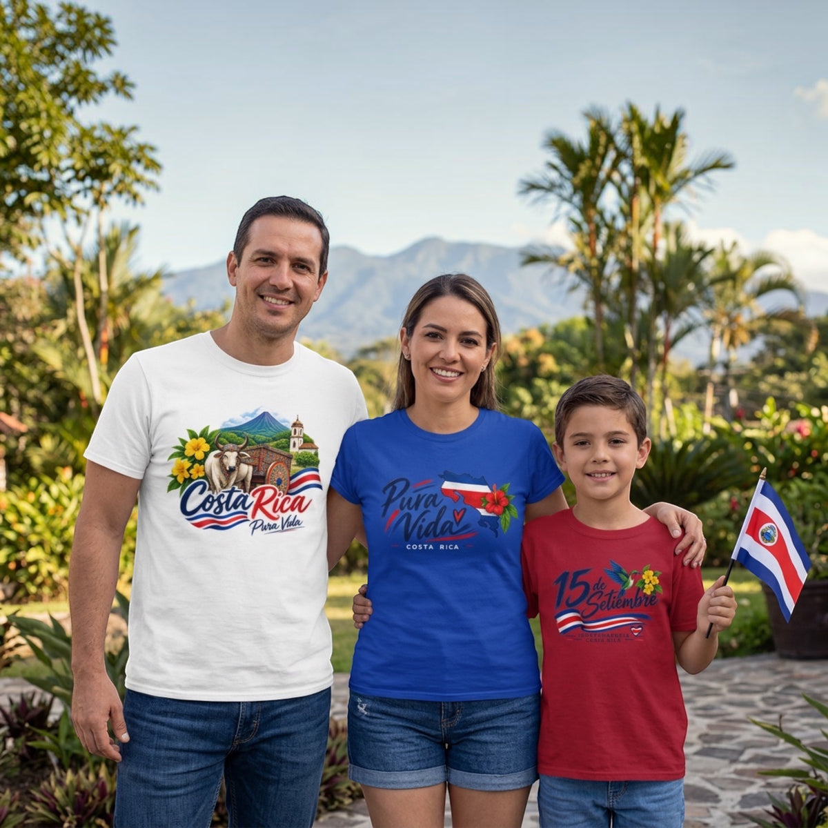 The Beauty Closet family wearing matching Costa Rica themed graphic t-shirts in a tropical outdoor setting.